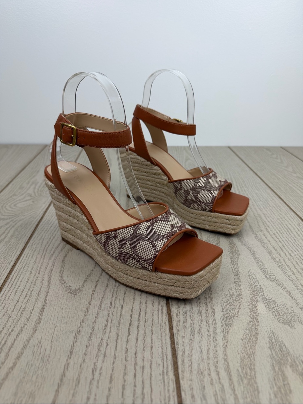 Coach Women's Signature Jacquard Espadrille Wedge Sandals 6.5B Cocoa Amber $175